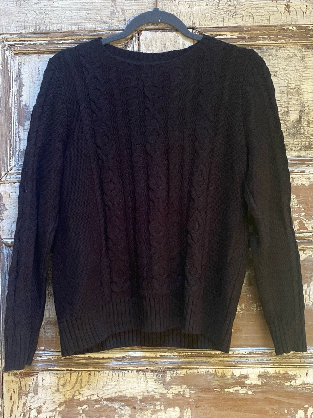 L.L. Bean Women's Black Cable Crewneck Sweater, Medium Petite